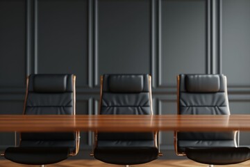 Sleek conference room with three modern black chairs and an elegant wooden table, perfect for business meetings and presentations.