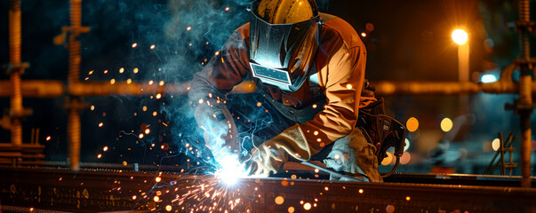 A skilled welder operates at night, creating sparks and illuminating the workspace with a vibrant glow.