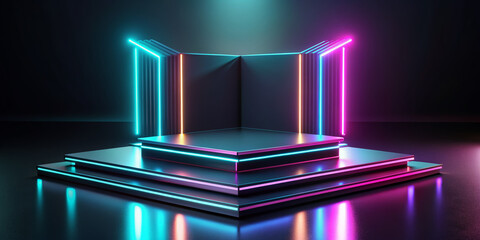 Modern futuristic 3D isometric podium setup with sleek metallic surfaces, neon accents, and ample space for text or logo, against a dark gradient background.