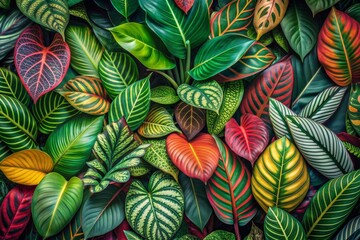 Vibrant and exotic tropical leaves overlap to create a stunning, densely packed green pattern, with varying shapes and textures filling the entire frame.