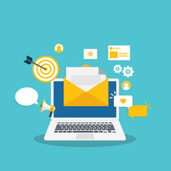 Digital email marketing. Reaching online audience with email marketing campaign, newsletter subscription. Sending marketing messages via email. 