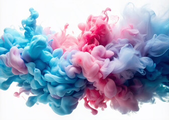 Fototapeta premium Soft, blended light blue and pink paint strokes harmoniously merge on a white background, creating a dreamy, abstract atmosphere perfect for creative and innovative designs.