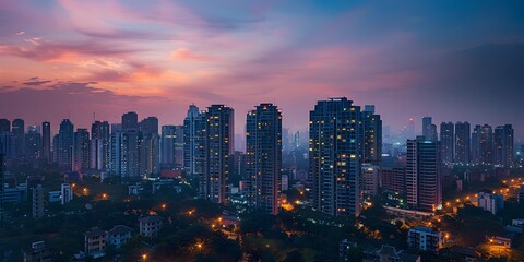 Obraz premium Captivating Cityscape with Glimmering Skyscrapers and Twinkling Lights at Dusk