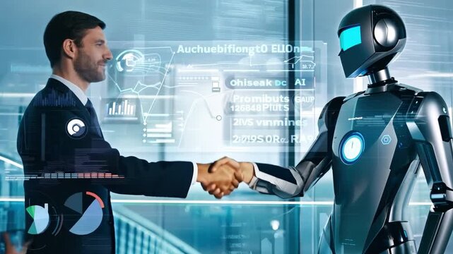Man demonstrating collaboration in artificial intelligence, technology, and business by shaking hands with a futuristic bionic