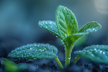 Fresh Green Seedlings with Dew Drops in Morning Light - Nature Growth Concept for Posters and Cards