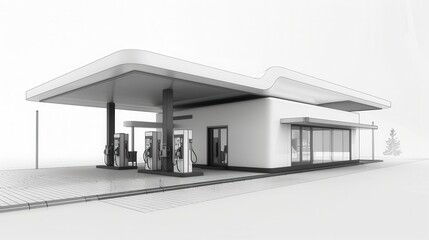 A sleek, modern gas station design features fuel dispensers and a stylish canopy, showcasing a minimalist aesthetic perfect for promotional use. Generative AI