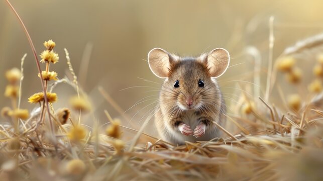 A field mouse scurries across a meadow, its ears alert for predators.