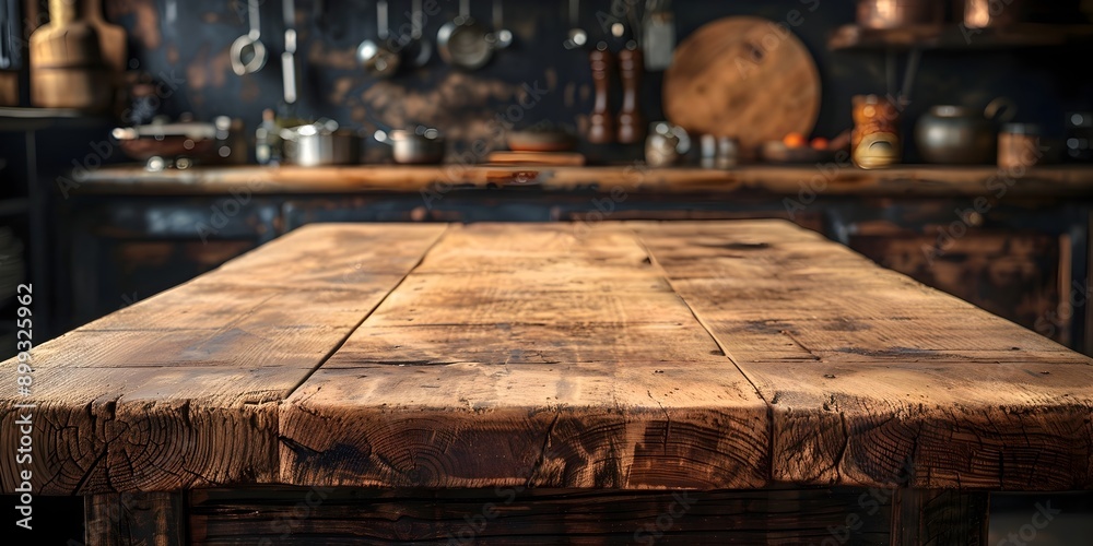Wall mural vintage wooden butcher block table with worn surface in rustic kitchen setting