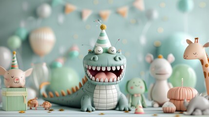 A whimsical illustration of a crocodile wearing a party hat.