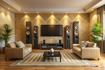 Luxurious living room features a massive high-fidelity surround sound system with sleek black speakers, subwoofer, and receiver, set against a warm, richly-textured beige background.