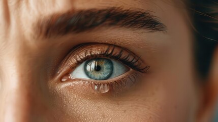 Obraz premium Close-up of a blue eye with an intense focus, showing intricate details and a single tear.