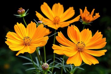 Sulfur cosmos flowers are yellow  isolated in black