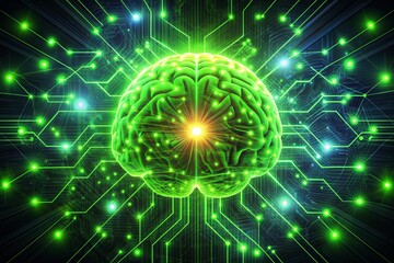 Obraz premium Vibrant neon green artificial intelligence brain icon pulsates with glowing neural networks, radiating futuristic intelligence and innovation, surrounded by dark digital space.
