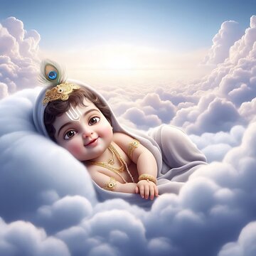 Cute Lord Krishna resting on cloud pillow