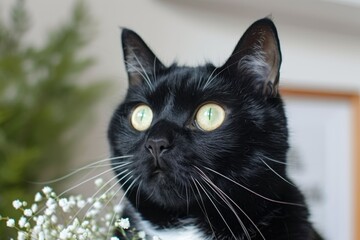 A male large black cat with a bouquet of flowers.