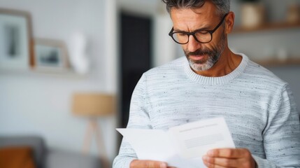 A man with glasses reading a document in a modern home interior, focusing on important information.