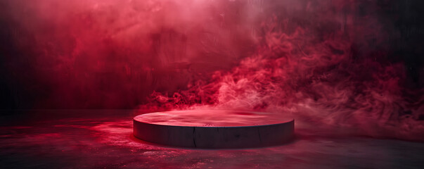 Obraz premium A circular smoke podium illuminated by a bright red spotlight set against a dark, smoky background