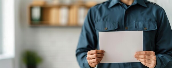 Person holding a blank sheet of paper in a casual setting, ready for customization or adding content.