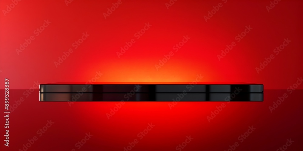 Poster glossy black table with reflective surface against vibrant red background
