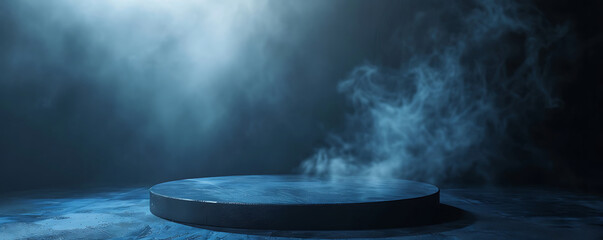 A circular podium blue smoke spotlight, set against a dark, smoky background