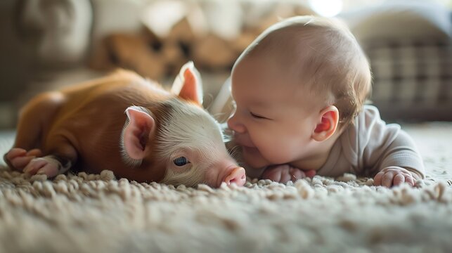 A baby is lying on its stomach on a carpet, face-to-face with a small piglet