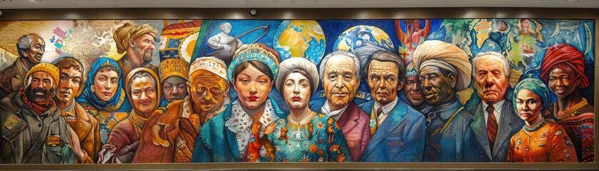 Naklejka premium Global Unity Mural A largescale mural depicting people from around the world coming together in harmony