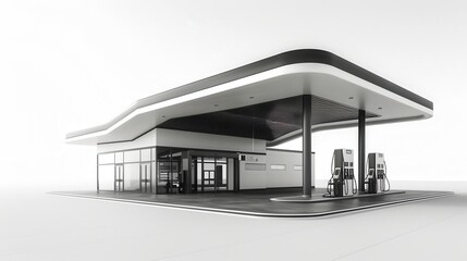 A 3D rendering of a modern gas station with a sleek black and white design, showcasing fuel dispensers under a distinctive canopy. Generative AI