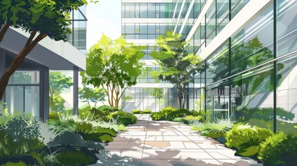 Obraz premium Modern Office Building Courtyard with Lush Greenery
