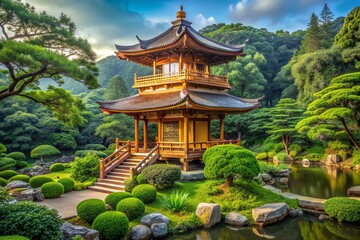 Fototapeta premium Serene traditional Asian pagoda with intricately tiered eaves sits amidst a peaceful zen garden, surrounded by lush greenery and serene natural ambiance.