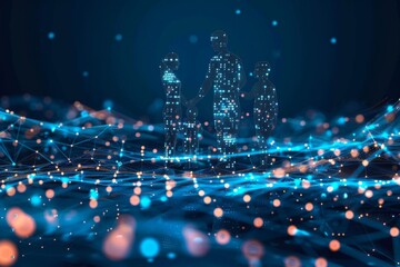 Futuristic cityscape with glowing neon lights and digital elements symbolizing advanced technology and urban innovation