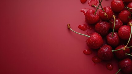 Bunch of cherries with stems and water droplets copy space