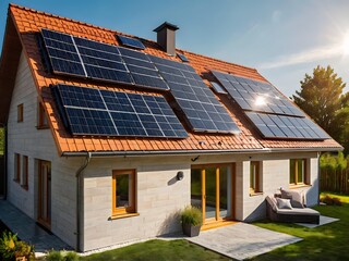 Fototapeta premium Close-up of a new suburban house with a photovoltaic system on the roof. Simple and modern environmentally friendly house with solar panels on the gable roof, with sunlight during the day