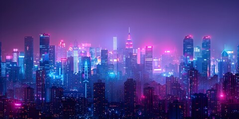 Obraz premium Captivating Nighttime City Skyline with Vibrant Neon Lights and Towering Skyscrapers