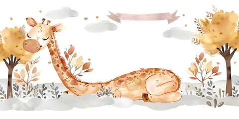 Sleeping Giraffe Watercolor with Minimalistic Design and Pastel Colors
