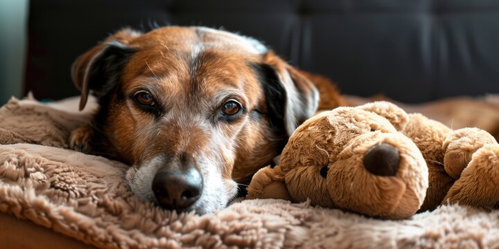 An older dog laying in its bed with its favourite soft toy