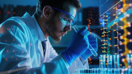 Male scientist working in laboratory with dim light at lab tubes and glassware on table molecular biology science experiment