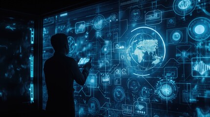 Man holding tablet in dim room stands in front of big hologram screen big data analysis world map
