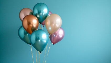 Vibrant balloons in pastel shades, perfect for birthdays or parties, set against a calming blue backdrop, adding festive joy and charm to any celebration.