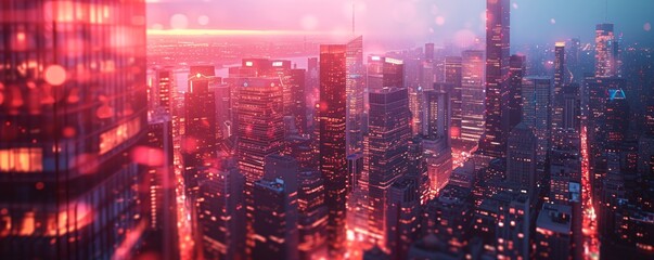 Obraz premium A stunning aerial view of a modern city illuminated by vibrant sunset hues, showcasing skyscrapers and a bustling urban atmosphere.