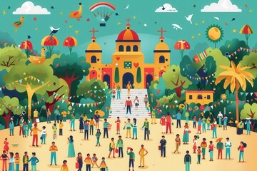 Obraz premium Community Festival A flat design depicting a vibrant community festival with people from various backgrounds celebrating together