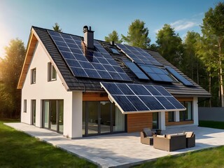 Fototapeta premium Close-up of a new suburban house with a photovoltaic system on the roof. Simple and modern environmentally friendly house with solar panels on the gable roof, with sunlight during the day