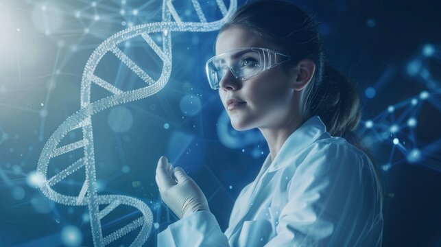 DNA hologram particles floating around female scientist with eye protector and white lab coat Caucasian woman science experiment