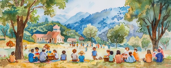 Community Gathering A watercolor scene of a diverse community gathering for a picnic or potluck, fostering a sense of belonging