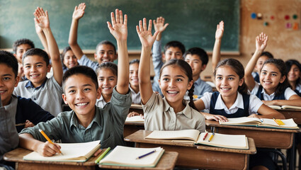 Engaged Children Raising Hands in Classroom: Interactive Learning, Active Participation, and Educational Environment