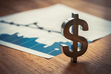 A metallic dollar sign stands prominently on a table, casting a shadow over a financial chart with a line graph. The scene suggests themes of finance and economic trends.