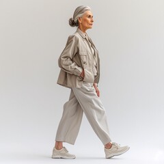 Graceful elderly woman confidently walking, dressed in stylish light-colored attire and sneakers, showcasing modern fashion for seniors in a neutral setting.