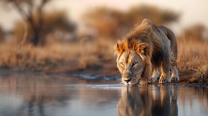 A lion drinking from a watering hole, its reflection shimmering in the water.