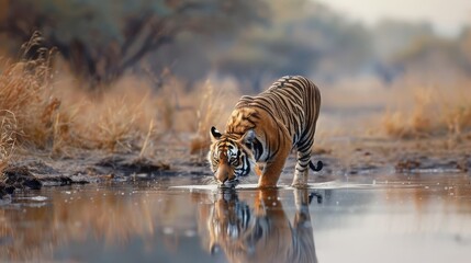 A tiger drinking from a watering hole, its reflection shimmering in the water.