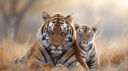 Obraz premium A mother tiger nuzzles her cubs in the tall grasses of the savanna.