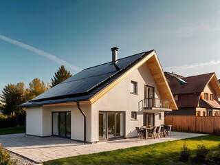 Obraz premium Close-up of a new suburban house with a photovoltaic system on the roof. Simple and modern environmentally friendly house with solar panels on the gable roof, with sunlight during the day